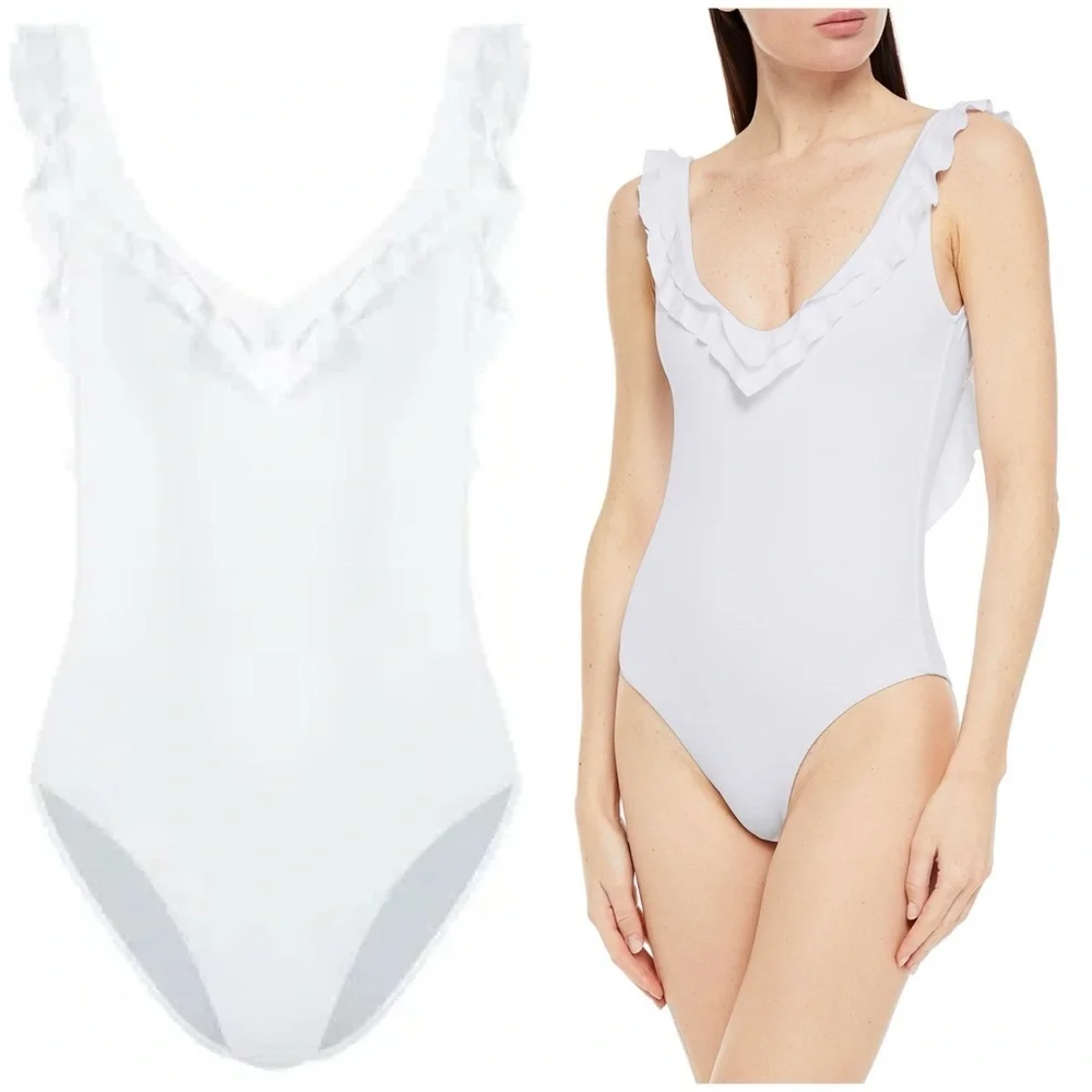 NWT Melissa Odabash Seville V Neck Ruffle One Piece Swimsuit White Sz 6
